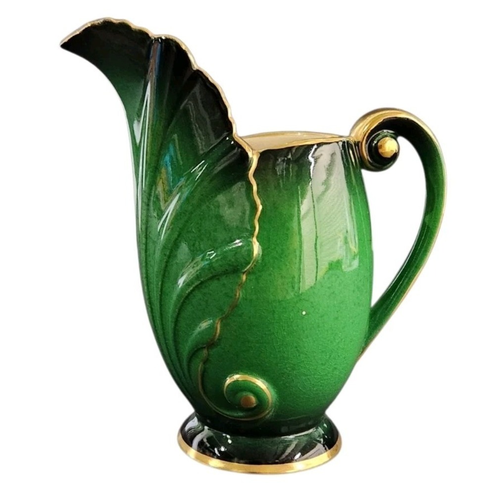 Carlton Ware Vert Royale Green Leaf Creamer Pitcher Gold Trim England Art Deco